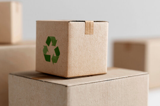 Brown cardboard box with green recycle symbol. Stacked boxes create simple, organized scene. Neutral background highlights eco-friendly packaging. Clear focus shows reusable. Ideal for environmental