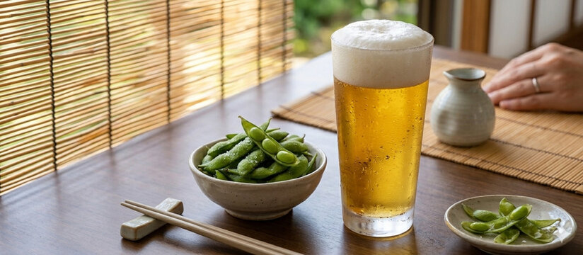 結露したガラスジョッキに注がれた冷たい生ビールと、お皿に盛られた新鮮な枝豆
