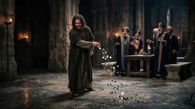 judas Iscariot throwing silver coins before Jewish religious leaders in temple. Bible story of betrayal and remorse. Historical cinematic scene of confession and guilt in ancient Jerusalem