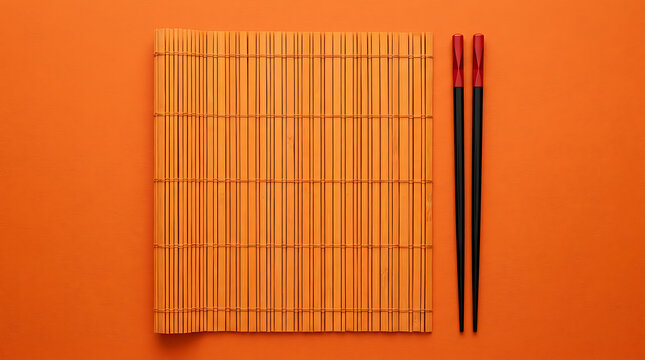 A bamboo sushi mat lies next to black chopsticks on a vibrant orange background with a red top.