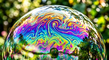 Fototapeta premium Colorful Soap Bubble with Swirling Patterns in Nature Scene.