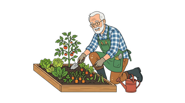 Senior man gardening in a vegetable patch isolated on transparent background