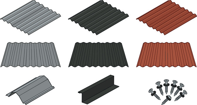 Corrugated Metal Roofing Sheets Set with Isometric Views Ridge Cap Profile Trim and Hex Head Tapping Screws Hardware Vector Illustration