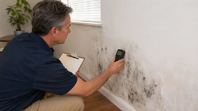 Property inspector using moisture meter on moldy wall