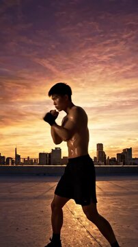Fit shirtless asian man shadowboxing on a city rooftop during sunset. Vertical video