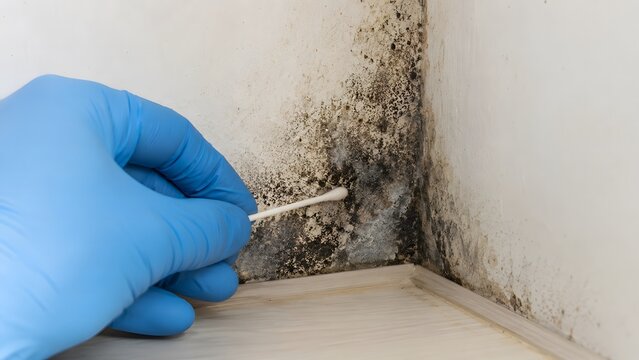 Close up of swab testing black mold on wall