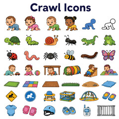 Fototapeta premium Crawl Icons Set, Crawling Movement and Animal Walking Vector Illustration