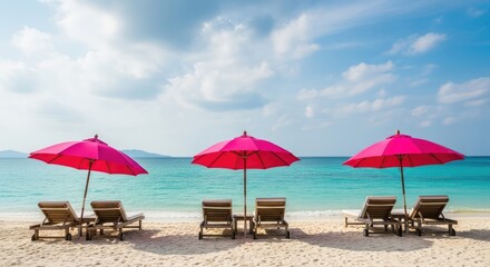 Fototapeta premium Pink umbrellas and lounge chairs on tropical beach