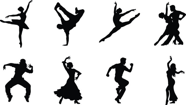 Collection of dancer black silhouettes featuring classical ballet breakdance contemporary ballroom partners hip hop flamenco tap and belly dancing