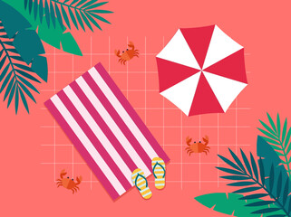 Obraz premium Flat Vector Top View Beach Scene with Umbrella and Tropical Leaves