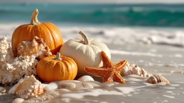 Pumpkins and seashells creating an autumn seasonal display on a tropical beach