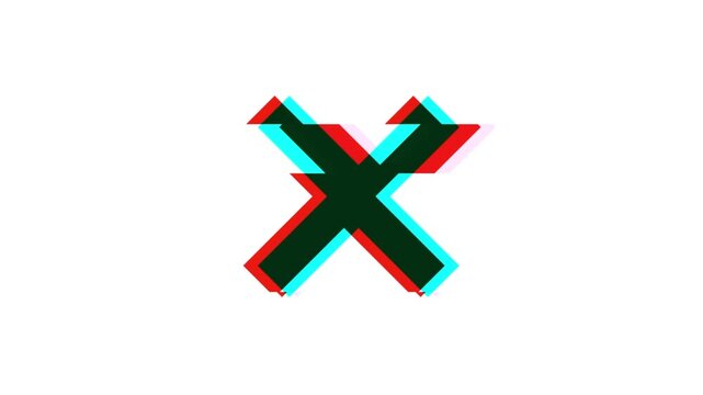 Letter X or cross icon symbol animation with distortions and glitch effects