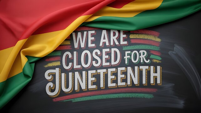 Juneteenth holiday sign with panafrican flag colors on a chalkboard background, featuring a festive and respectful typography design for business closure announcement