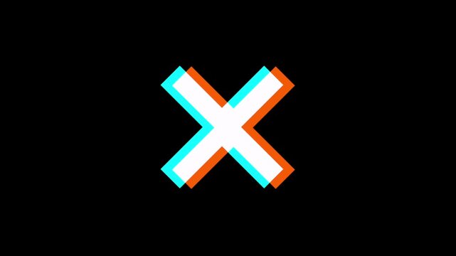 Letter X or cross icon symbol animation with distortions and glitch effects