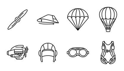 8 Aviation linear icon set propeller aircraft engine parachute hot air balloon pilot gear © Bundleprohub