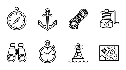 Nautical linear icon set compass anchor rope winch binoculars stopwatch lighthouse map, UI and web interface design © Bundleprohub