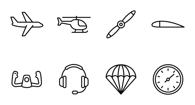 8 Aircraft linear icon set airplane helicopter propeller wing yoke headset parachute compass, UI and web interface design