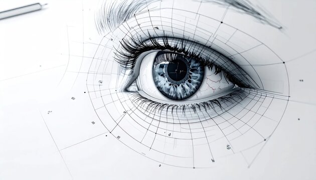 Detailed eye drawing with grid lines.