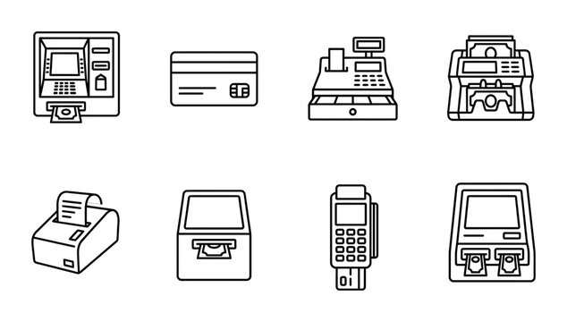 8 Finance linear icon set ATM, credit card, cash register, money counter, receipt printer, POS terminal, banking machines, payment systems, UI and web interface design