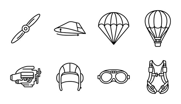 8 Aviation linear icon set propeller aircraft engine parachute hot air balloon pilot gear