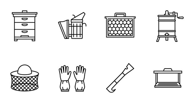 Beekeeping linear icon set hive smoker frame extractor gloves tools, UI and web interface design
