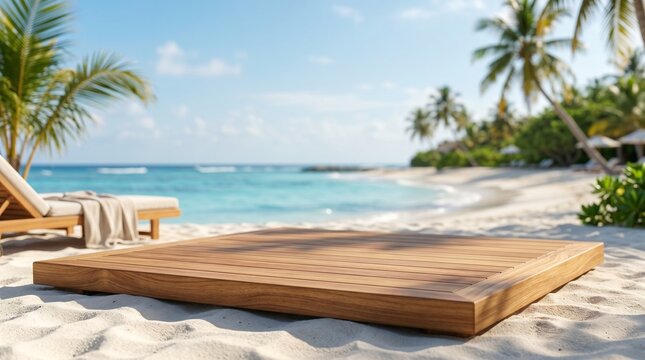 A serene beach scene with a wooden platform on the sand near a lounge chair, surrounded by palm trees and a calm ocean.