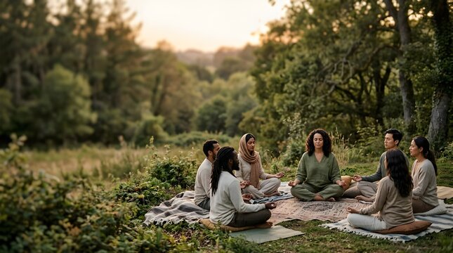 Diverse group of people meditating together in nature at golden hour