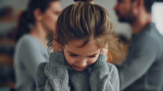 Child feeling sad, distressed by parents arguing in the background