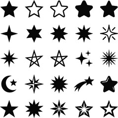 Obraz premium Set of various black star icons isolated on transparent background ready to use. different shapes of black stars for design elements.