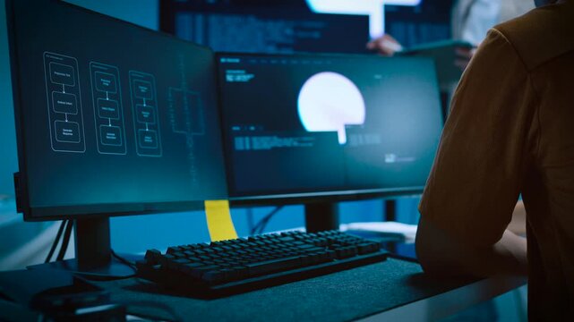 Two young male IT software developers presenting and planning AI model training system code while analyzing program data on screen in modern tech office workspace