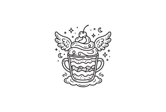 Whimsical winged coffee cup, magical latte art, dreamy cafe design, vector illustration