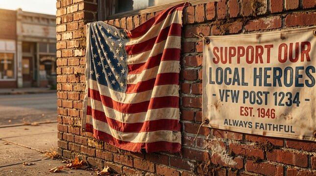 Worn american flag hanging on brick wall next to sign supporting local heroes vfw post 1234 established in 1946 outside small town building in afternoon sun.