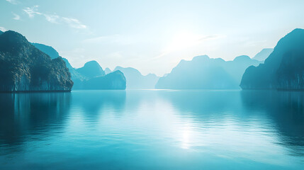Obraz premium Serene limestone karsts rise above calm tropical waters at sunrise in a beautiful seascape panorama for travel and nature backgrounds with ethereal lighting