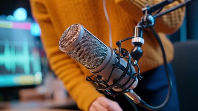 Person using studio microphone for recording audio content and live podcast