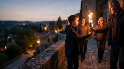 Fototapeta premium Family holding a flaming torch while walking on a medieval stone wall