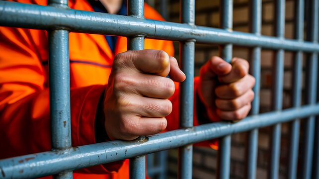 Prison inmate holding jail bars representing incarceration concept