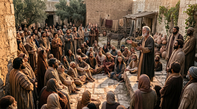 Apostle Peter and John speaking to early Christian believers. Biblical scene of disciples sharing testimony after trial. Historical narrative of Acts chapter four with religious gathering