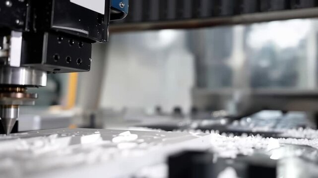 Industrial cnc machine cutting and shaping a white plastic workpiece with precision