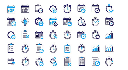 Fototapeta premium Blue and black business time management and planning icons set.