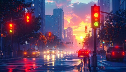 Obraz premium Cityscape at dusk with traffic lights and vibrant sunset.