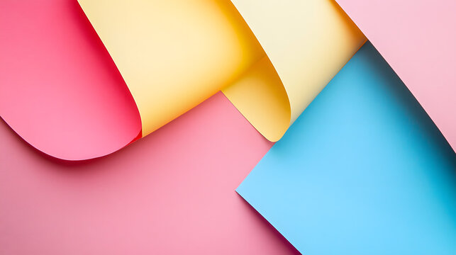 Abstract colorful paper sheets arranged in geometric curves for modern graphic design backgrounds with vibrant pink yellow and blue pastel color tones