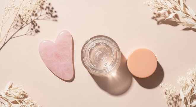 Top view of a rose quartz gua sha tool and an open jar of clear gel skincare product surrounded by dried flowers on a beige background
