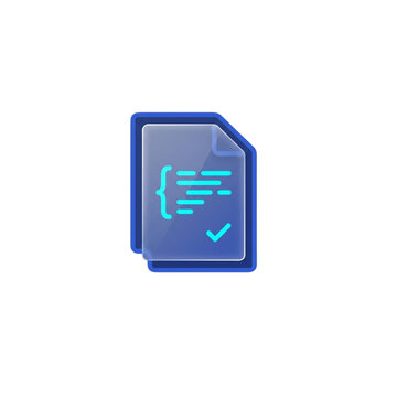 Digital smart contract icon displaying code lines and checkmark on royal blue paper