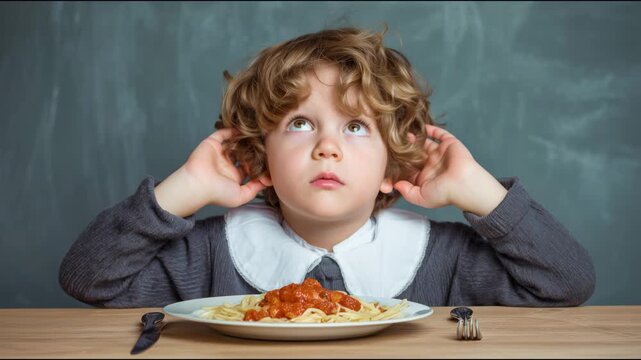 Cute child sitting at a school desk in front of spaghetti with tomato sauce and looking up