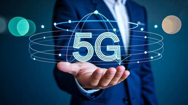 5g wireless network technology concept with businessman holding digital connection