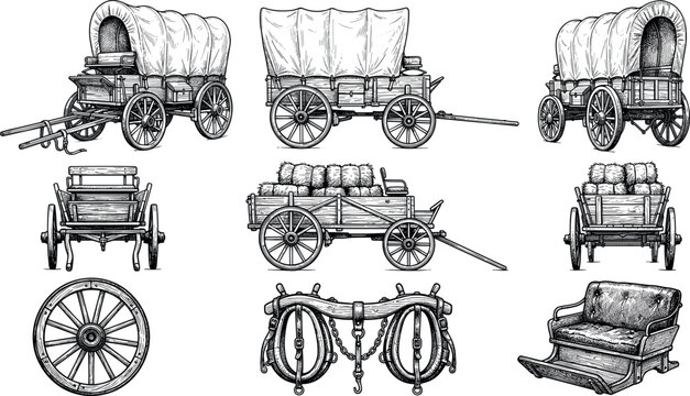 Vintage Covered Wagon and Hay Cart Element Set with Wooden Wheel Sleigh and Horse Yoke Collar Engraving Vector Line Art Illustration