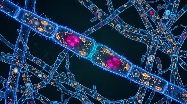 Microscopic view of cells and plants under a microscope in a laboratory setting with various structures.