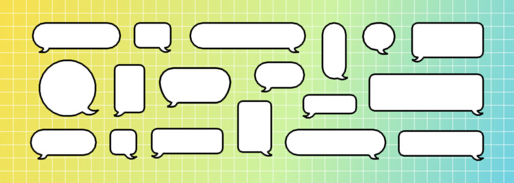 Different geometric bubble frames. Vector dialog box or game chat balloon. Cute pixel illustration for note message on grid background.