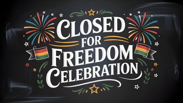 Closed for freedom celebration sign with chalkboard background, fireworks, and colorful flags for juneteenth or independence day holiday