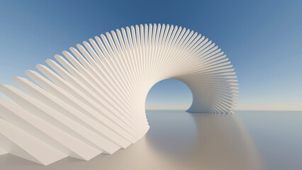 Fototapeta premium Abstract 3D futuristic white arch with twisting geometric pattern reflecting on glossy floor under clear blue sky